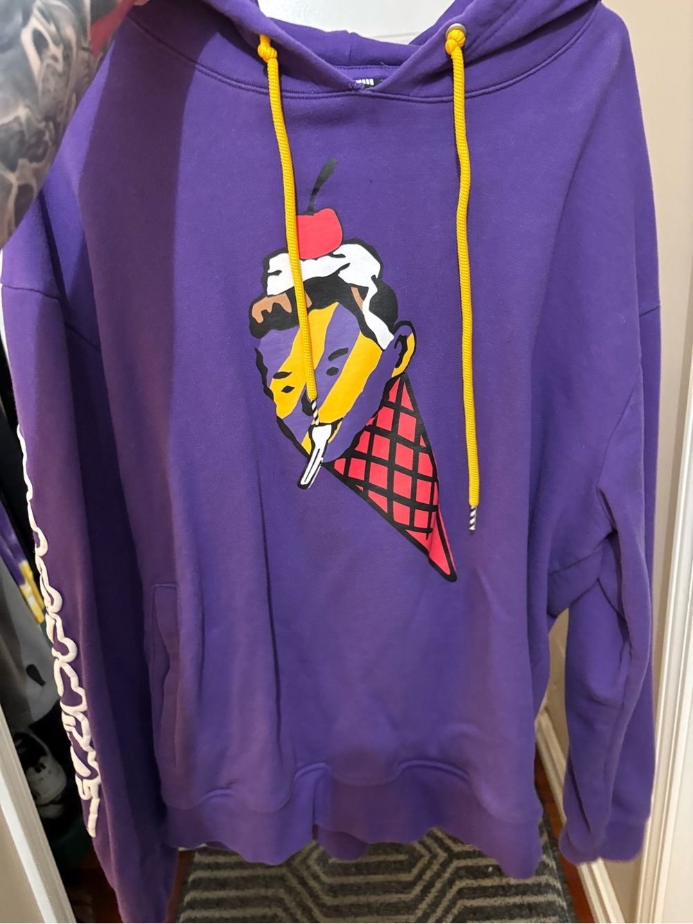 Purple Graphic Pullover Hoodie with Yellow Drawcords
